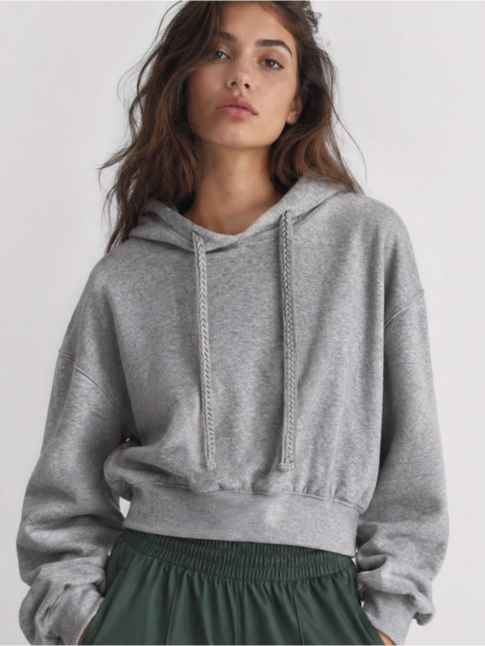 Daily Practice Boyfriend Hoodie Sweatshirt with Braided Ties in Grey